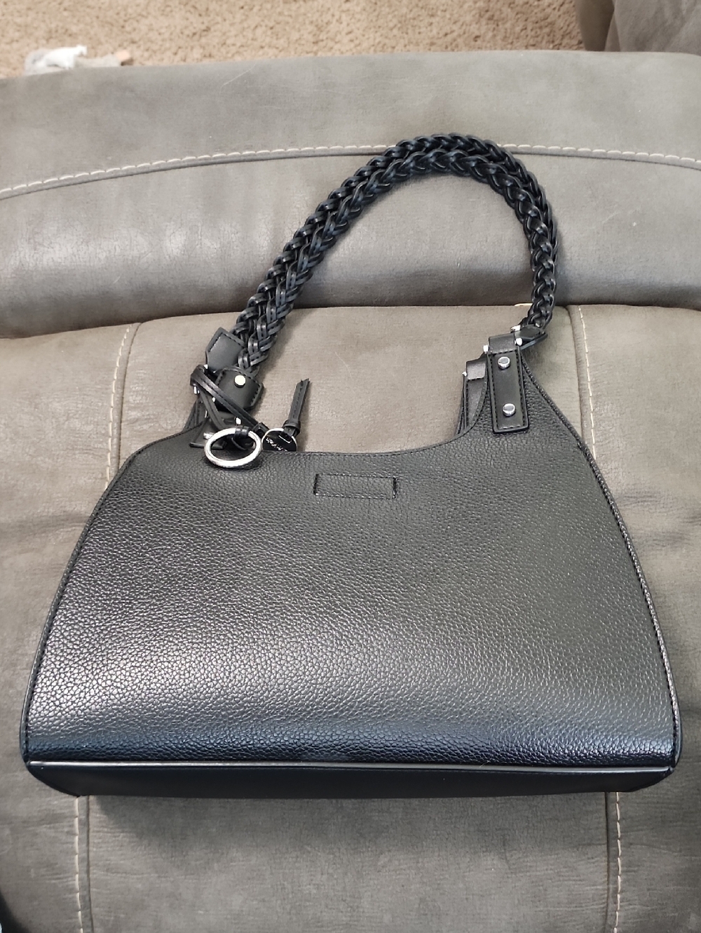 Calvin Klein Black Braided Handle Shoulder Bag Pebbled Vegan Leather Tote - Picture 6 of 8